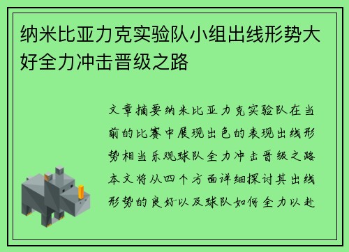 纳米比亚力克实验队小组出线形势大好全力冲击晋级之路