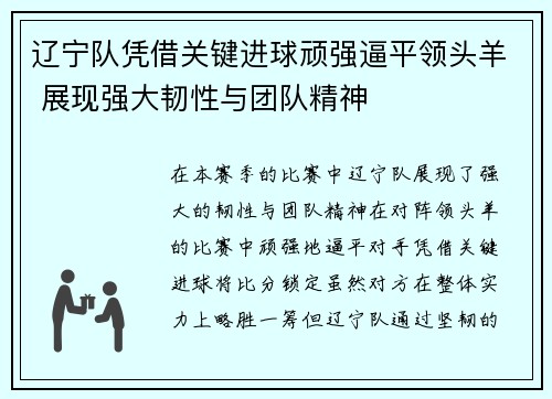 辽宁队凭借关键进球顽强逼平领头羊 展现强大韧性与团队精神