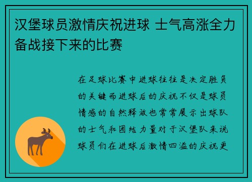 汉堡球员激情庆祝进球 士气高涨全力备战接下来的比赛