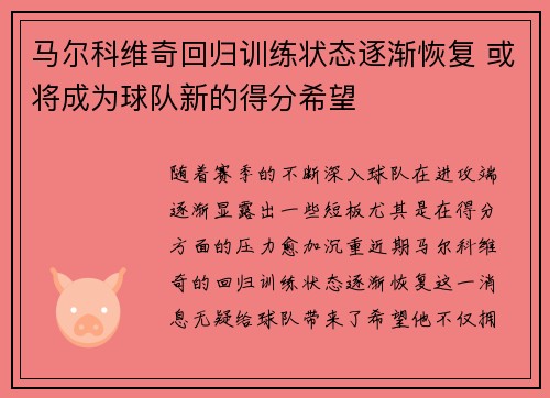 马尔科维奇回归训练状态逐渐恢复 或将成为球队新的得分希望